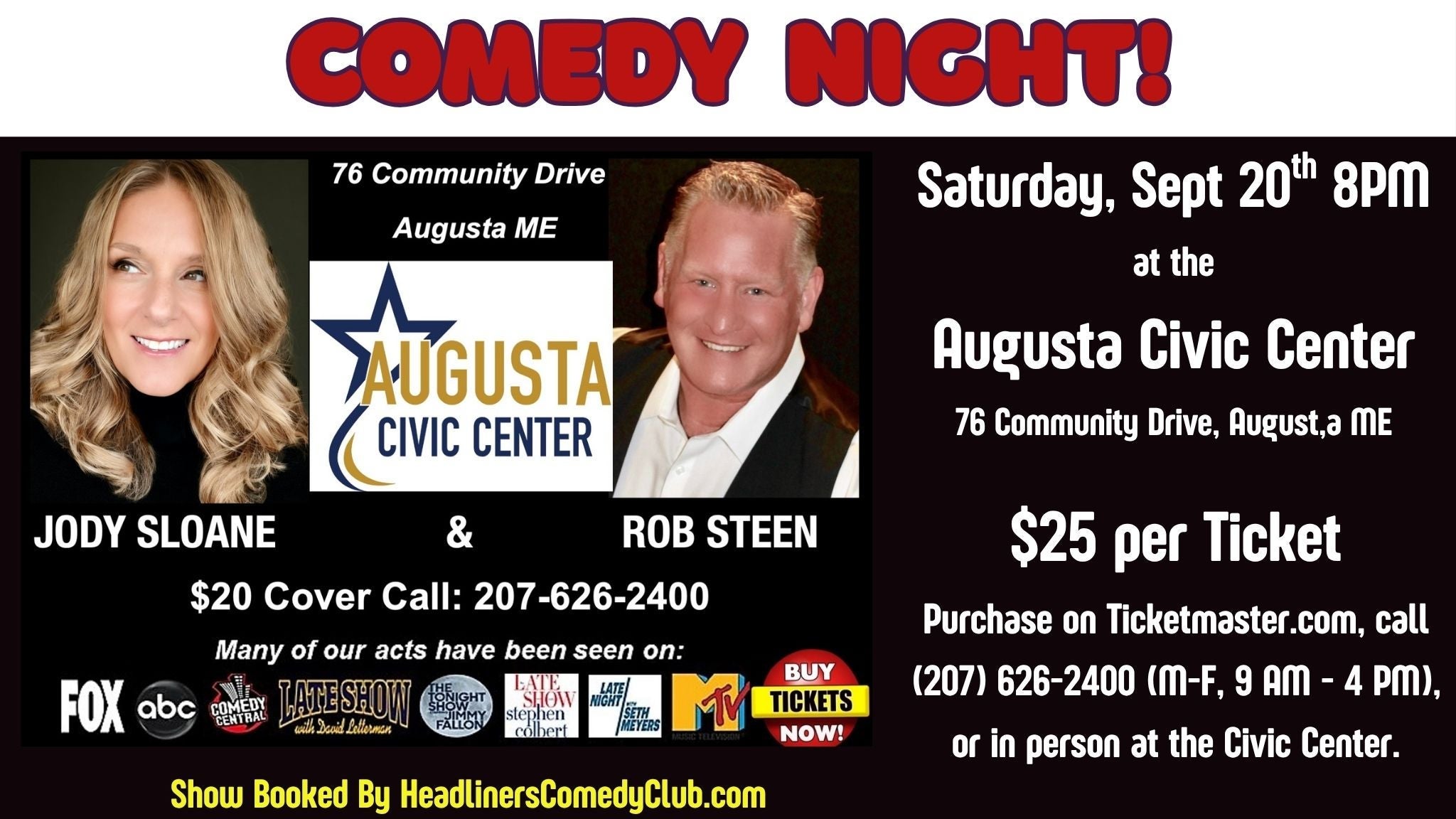 Comedy Show Featuring Jody Sloane & Rob Steen at Augusta Civic Center – Augusta, ME