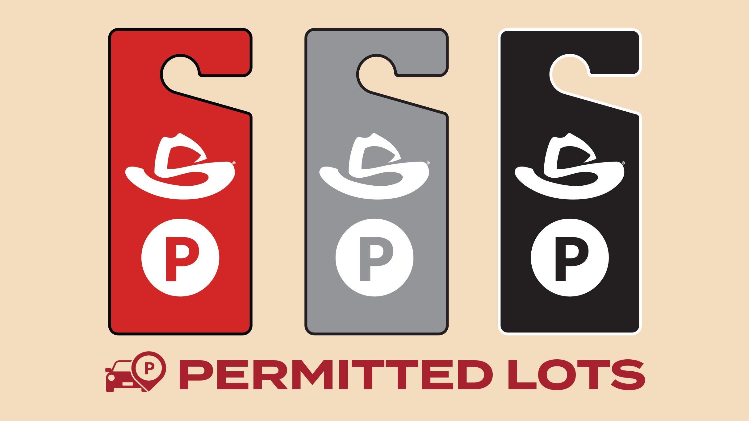 Rodeo Permit Parking Feb 21-General in Red & Black, Reserved in Silver