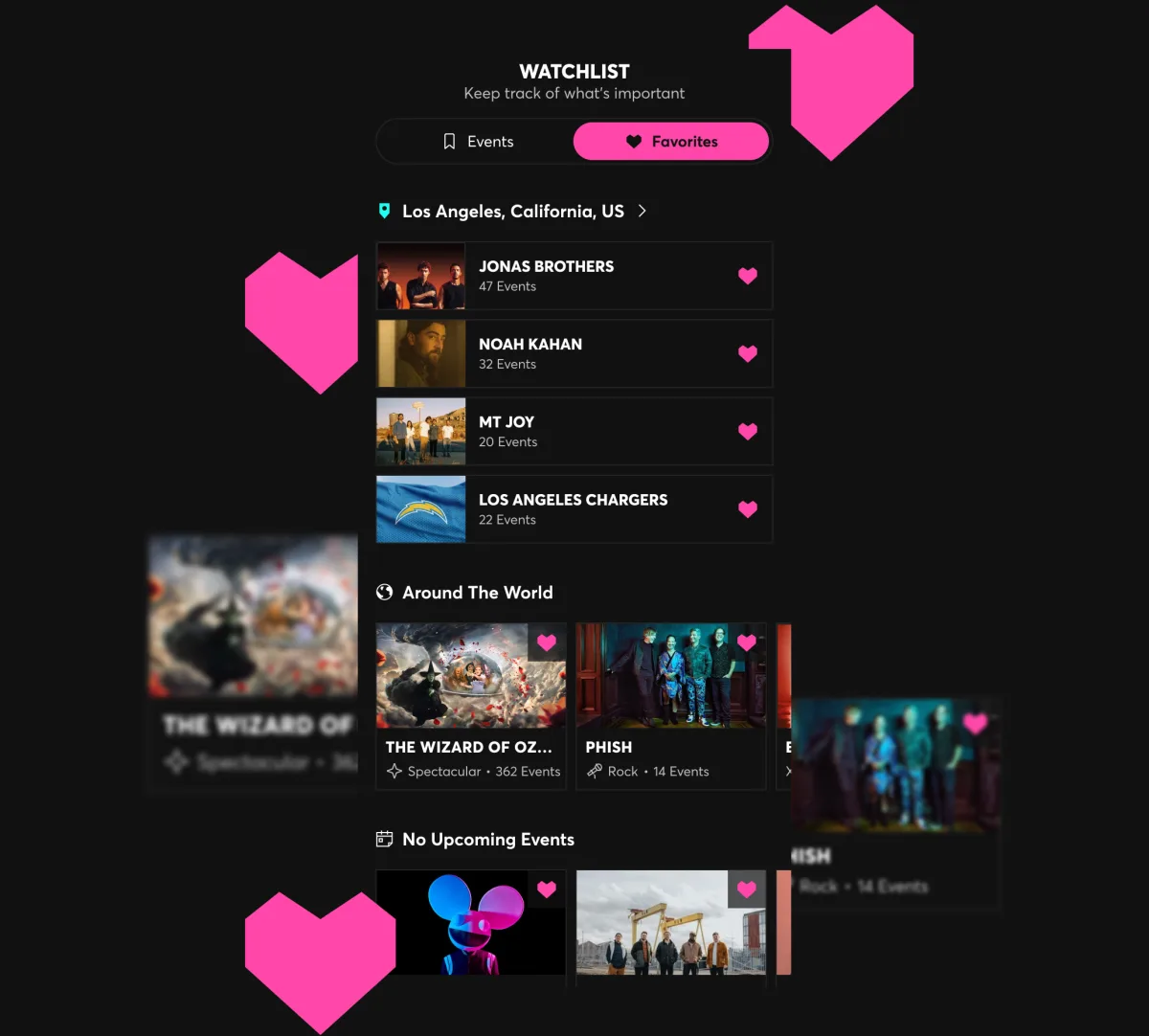 Ticketmaster app showing Favorites feature with followed artists and upcoming events