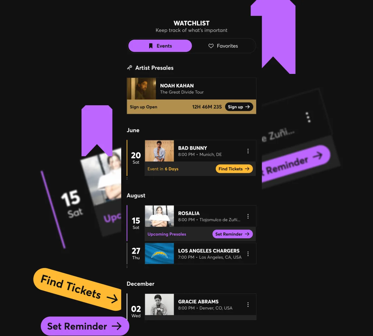 Ticketmaster app showing Watchlist feature with upcoming events and reminders