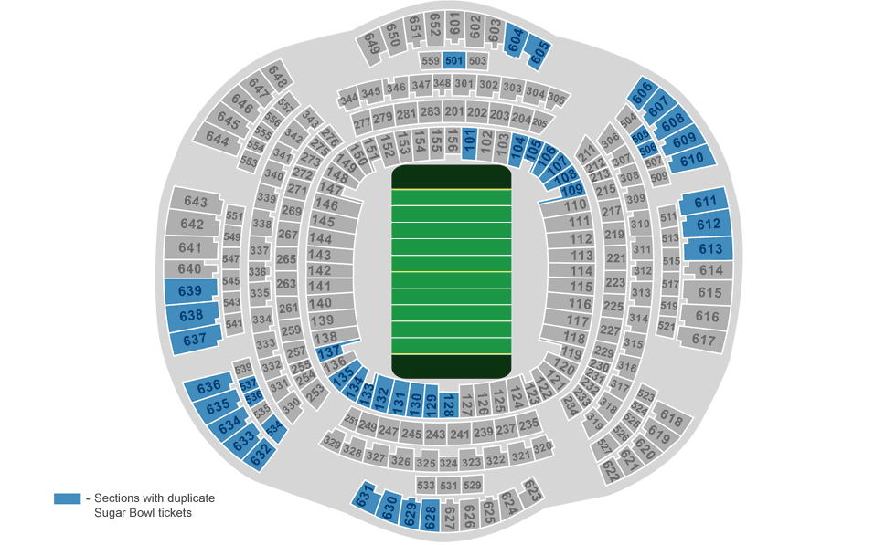 Seat map image. Highlighted in blue are sections with duplicate Sugar Bowl Tickets