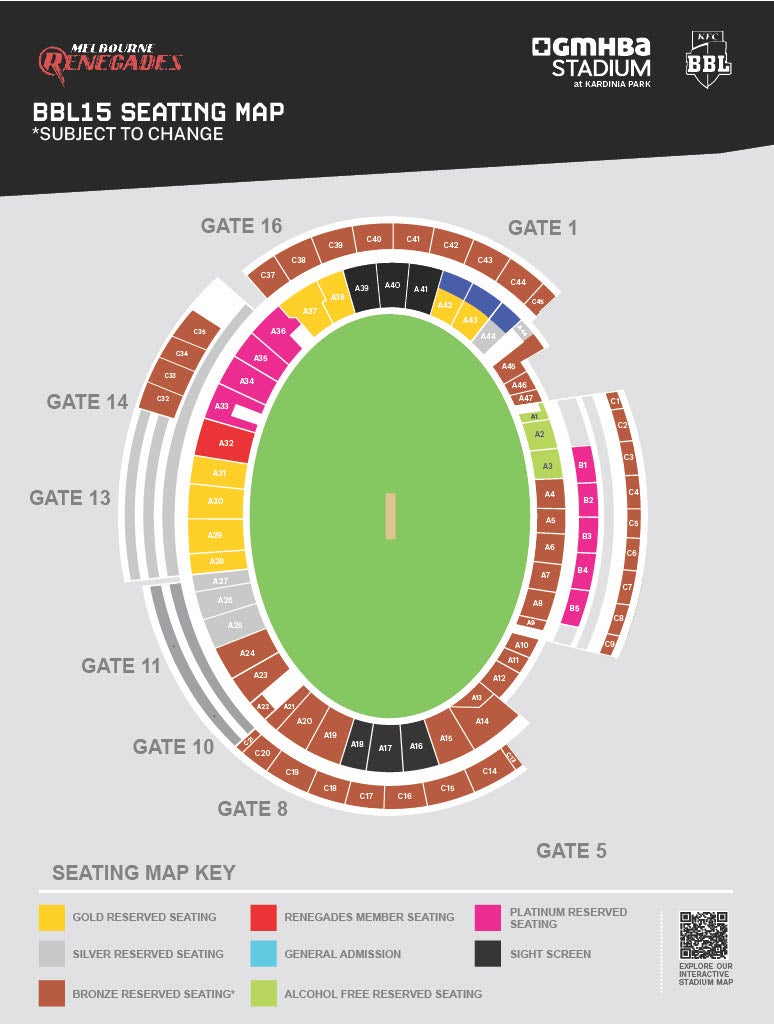 Venue seating chart for Melbourne Renegades for reference only