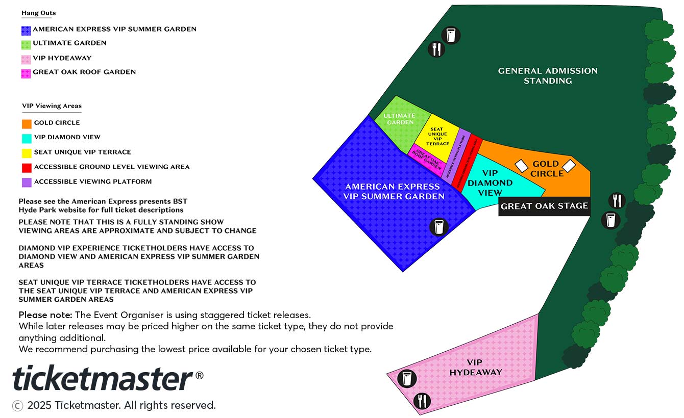 Venue seating chart for American Express Presents BST Hyde Park for reference only